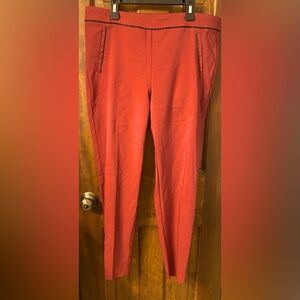 Red Cropped Ankle Pants With Black Leather Details